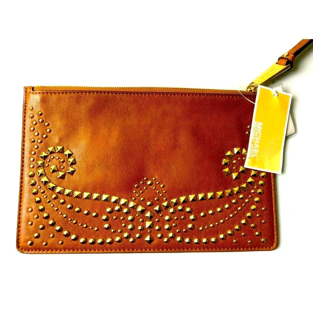Micheal Kors Rhea Luggage Brown Lamb Leather Studded Large Wristlet/Clutch